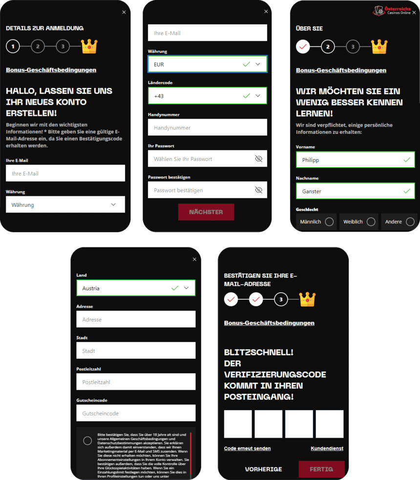 Anmeldeformular Chalkwins Online Casino Fragebogen zur Registrierung